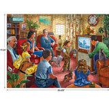 Family and pets enjoy a cozy night with a vintage TV airing a monochrome cowboy scene. Floral curtains add charm, as the unfinished 1000-piece RoseArt "Back to the Past - Family Night Television" puzzle lies on the table near the bookshelf and clock.