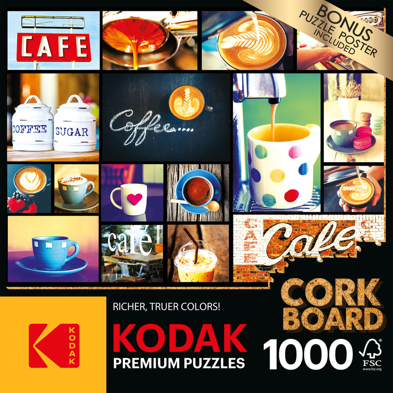 A collage of various coffee-related images, including cups, mugs, latte art, and café signs, with text reading "RoseArt - Kodak Cork - Coffee - 1000 Piece Jigsaw Puzzle" and "Cork Board with Bonus Puzzle Poster Included".