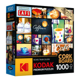 A 1000-piece puzzle by RoseArt - Kodak Cork - Coffee - 1000 Piece Jigsaw Puzzle featuring a variety of coffee-themed images, including cafe signs, coffee cups, and latte art. Box includes a bonus puzzle poster.