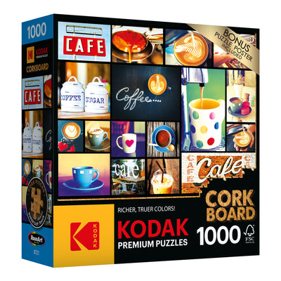 A 1000-piece puzzle by RoseArt - Kodak Cork - Coffee - 1000 Piece Jigsaw Puzzle featuring a variety of coffee-themed images, including cafe signs, coffee cups, and latte art. Box includes a bonus puzzle poster.