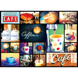 A collage of coffee-themed images including espresso shots, latte art, coffee mugs, sugar and coffee canisters, iced coffee, and signs displaying the word "Café" is perfectly captured in the RoseArt - Kodak Cork - Coffee - 1000 Piece Jigsaw Puzzle.