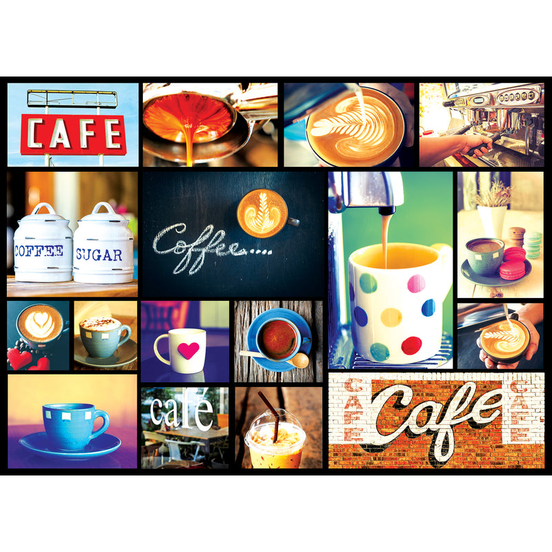 A collage of coffee-themed images including espresso shots, latte art, coffee mugs, sugar and coffee canisters, iced coffee, and signs displaying the word "Café" is perfectly captured in the RoseArt - Kodak Cork - Coffee - 1000 Piece Jigsaw Puzzle.