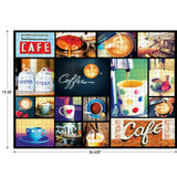 A colorful puzzle featuring various coffee-related images, including cups, signage, brewing equipment, and ingredients. The puzzle dimensions are 19.25" by 26.625". The product name is RoseArt - Kodak Cork - Coffee - 1000 Piece Jigsaw Puzzle.