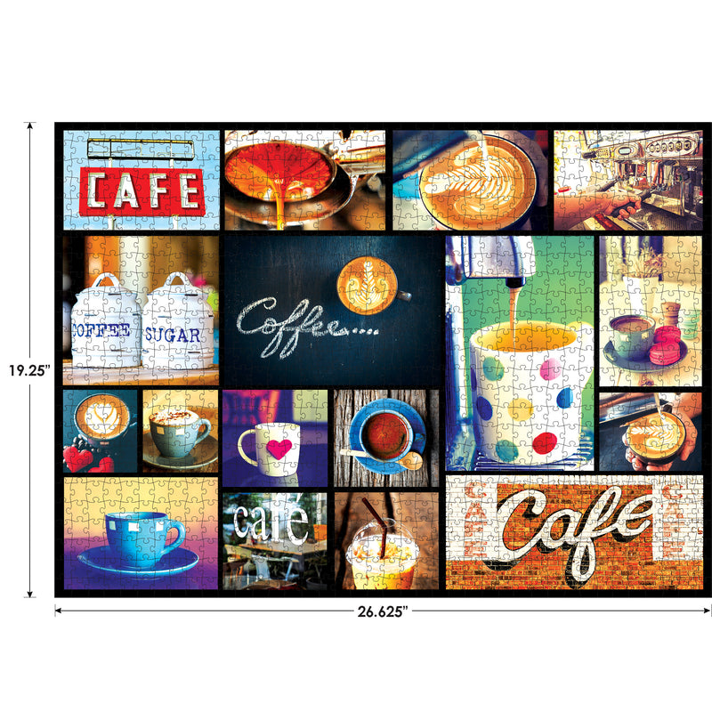 A colorful puzzle featuring various coffee-related images, including cups, signage, brewing equipment, and ingredients. The puzzle dimensions are 19.25" by 26.625". The product name is RoseArt - Kodak Cork - Coffee - 1000 Piece Jigsaw Puzzle.