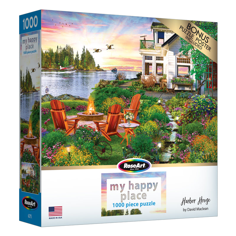Experience relaxation with the ROSEART "MY HAPPY PLACE - HARBOR HOUSE" 1000-piece jigsaw puzzle, featuring a tranquil lakeside scene with a house, chairs by a fire pit, trees, and a stunning sunset.
