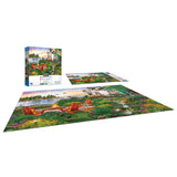The ROSEART - MY HAPPY PLACE - HARBOR HOUSE 1000-piece jigsaw puzzle beautifully captures a picturesque garden scene with chairs and a river, with the box and completed puzzle showcasing the serene setting.