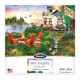 Explore the ROSEART - MY HAPPY PLACE - HARBOR HOUSE 1000-piece jigsaw puzzle crafted by David Maclean. This puzzle captures a tranquil lake, cozy house, and garden with chairs around a fire pit. Plus, enjoy the bonus poster!.