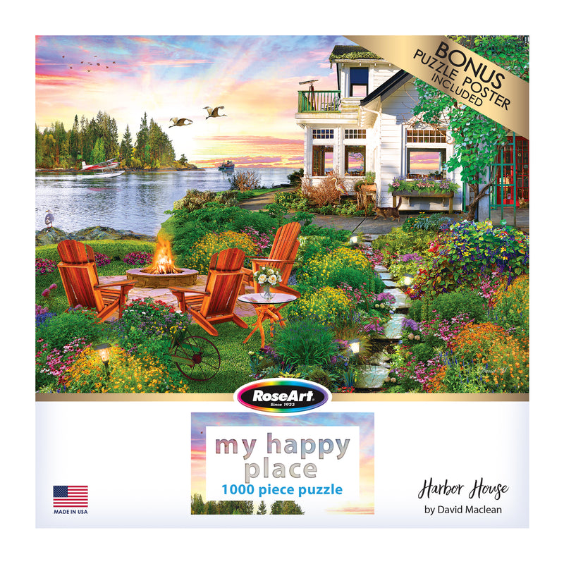 Explore the ROSEART - MY HAPPY PLACE - HARBOR HOUSE 1000-piece jigsaw puzzle crafted by David Maclean. This puzzle captures a tranquil lake, cozy house, and garden with chairs around a fire pit. Plus, enjoy the bonus poster!.