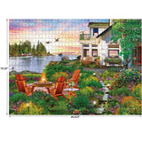 ROSEART's 1000-piece jigsaw puzzle, "MY HAPPY PLACE - HARBOR HOUSE," presents a scenic lakeside garden at sunset with Adirondack chairs around a fire pit and a balcony house. The completed puzzle measures 19.25 by 26.625 inches.