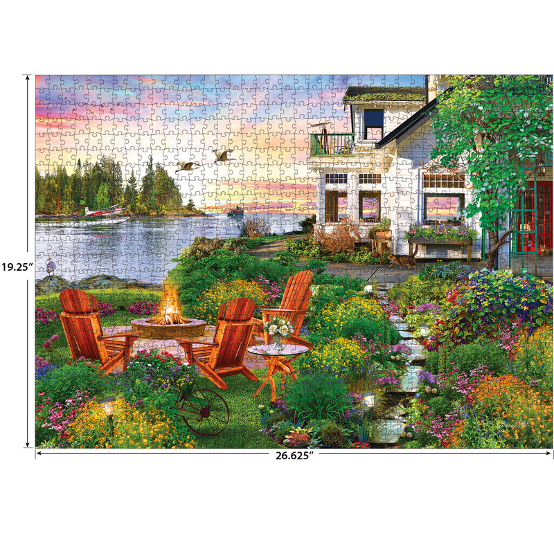 ROSEART's 1000-piece jigsaw puzzle, "MY HAPPY PLACE - HARBOR HOUSE," presents a scenic lakeside garden at sunset with Adirondack chairs around a fire pit and a balcony house. The completed puzzle measures 19.25 by 26.625 inches.