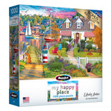 The ROSEART My Happy Place - Charles Harbor 1000-piece jigsaw puzzle showcases a vibrant seaside village with boats, charming houses, and lush gardens.