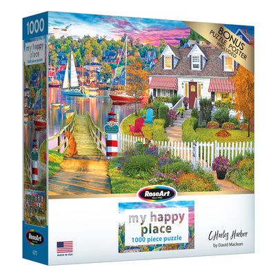 The ROSEART My Happy Place - Charles Harbor 1000-piece jigsaw puzzle showcases a vibrant seaside village with boats, charming houses, and lush gardens.