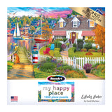 Explore the ROSEART 1000-piece jigsaw puzzle titled "My Happy Place - Charles Harbor." It presents a vibrant coastal scene with a house, striped awnings, lush garden, and boats.