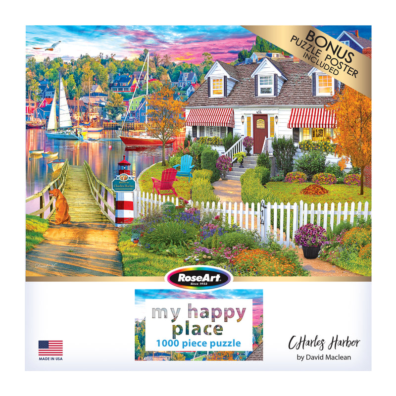 Explore the ROSEART 1000-piece jigsaw puzzle titled "My Happy Place - Charles Harbor." It presents a vibrant coastal scene with a house, striped awnings, lush garden, and boats.