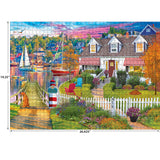 Explore the allure of Charles Harbor with the "ROSEART - MY HAPPY PLACE - CHARLES HARBOR - 1000 PIECE JIGSAW PUZZLE." This picturesque lake town puzzle features boats, a lighthouse, colorful houses, and a dog near the dock. Finished size is 26.625 by 19.25 inches.