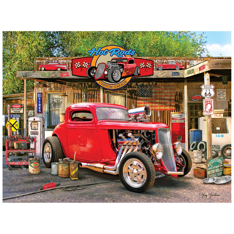 The ROSEART American Nostalgia Hot Rod Gas Up 550 Piece Jigsaw Puzzle features a classic red hot rod at a retro garage with vintage signs and pumps, evoking timeless American charm.
