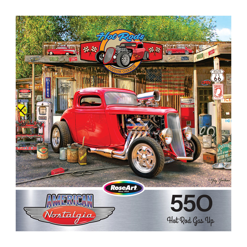 A red vintage hot rod is parked at a retro gas station with nostalgic decor in the ROSEART "American Nostalgia - Hot Rod Gas Up" 550-piece jigsaw puzzle.