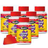 Six bottles of RoseArt - 4.5 oz Puzzle Glue 6 pack with red caps and a bright label. Each bottle is 4.5 fl oz (133 ml) and is advertised to save, laminate, and preserve finished jigsaw puzzles.