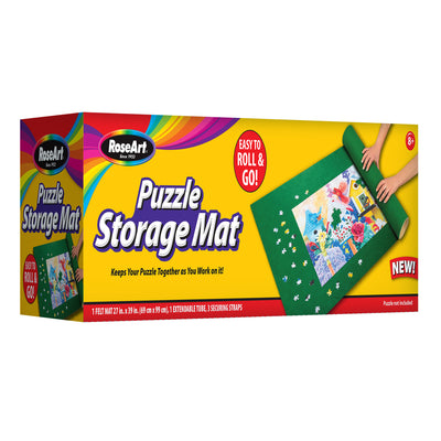 Packaging of RoseArt - Puzzle Storage Mat showing rolled green mat with puzzle pieces and a partially completed puzzle. Text highlights features and states "Easy to Roll & Go!" and "Puzzle not included".