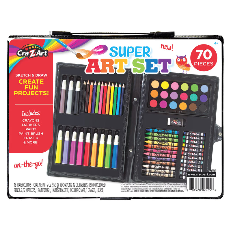 Cra-Z-Art Super Art Set for Kids, 70 Piece Drawing, Coloring & Painting Kit with Carrying Case, Ages 4+