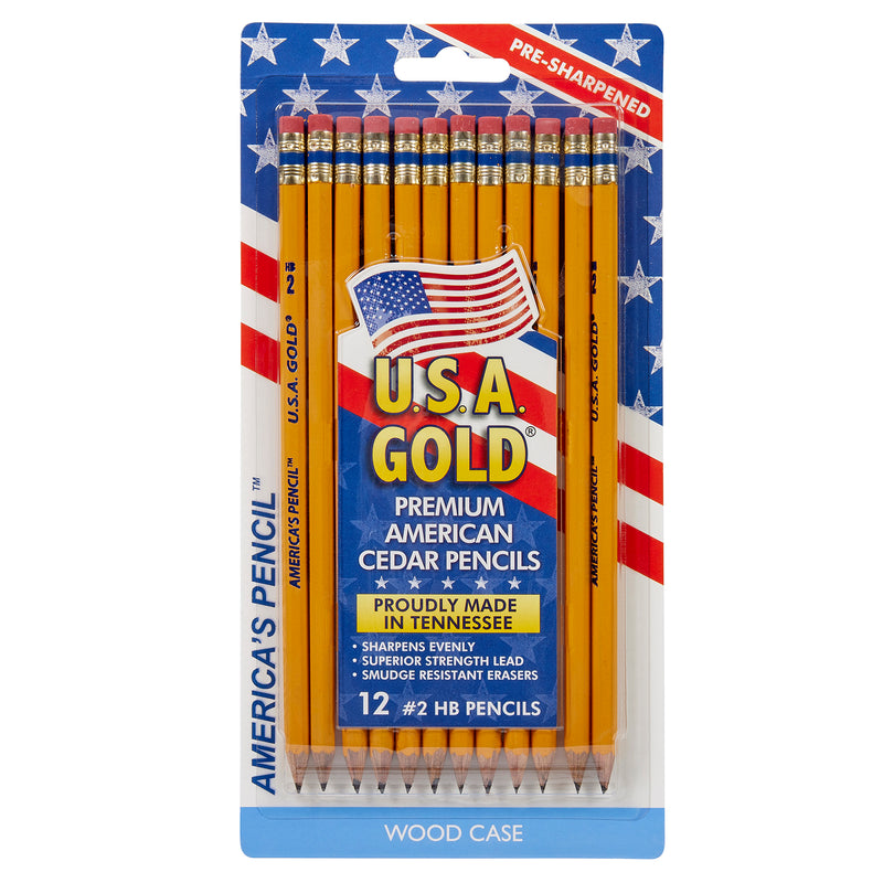 USA Gold Premium Cedar No. 2 Pre-Sharpened Pencils 12-Count, featuring a pre-sharpened design and American flag theme packaging, made in Tennessee.