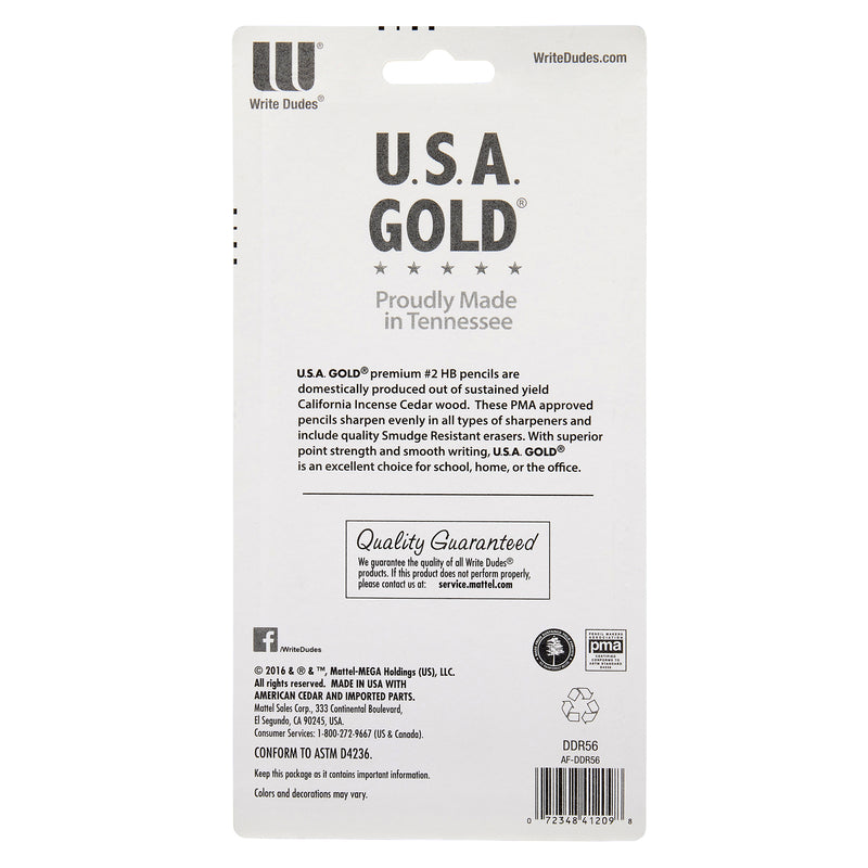 A product packaging for USA Gold Premium Cedar No. 2 Pre-Sharpened Pencils 12-Count stating they are premium #2 HB pencils made in Tennessee. It also highlights features such as smoother writing, quality guaranteed, and adherence to PMA standards.