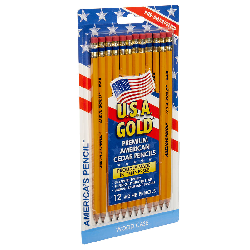 Pack of USA Gold Premium Cedar No. 2 Pre-Sharpened Pencils 12-Count, labeled "America's Pencil," proudly made in Tennessee.
