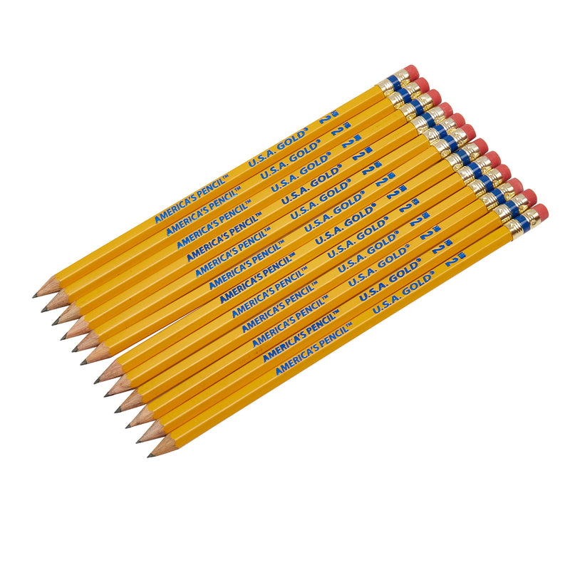 A cluster of twelve yellow USA Gold Premium Cedar No. 2 Pre-Sharpened Pencils 12-Count, aligned in a neat row. The pencils are labeled "America's Pencil," and "USA Gold.