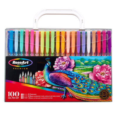A RoseArt Premium Gel Pen Set 100 Count with 100 pens in various colors, displayed in a clear plastic case featuring an illustration of a peacock and flowers.