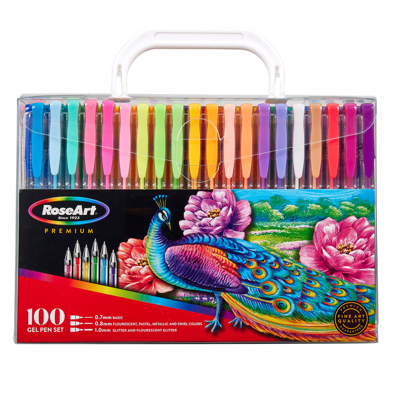 A RoseArt Premium Gel Pen Set 100 Count with 100 pens in various colors, displayed in a clear plastic case featuring an illustration of a peacock and flowers.