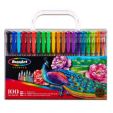 A package of RoseArt Premium Gel Pen Set 100 Count containing 100 pens in various colors and finishes, including basic, neon, metallic, and glitter. The box features a peacock and floral design on the front.
