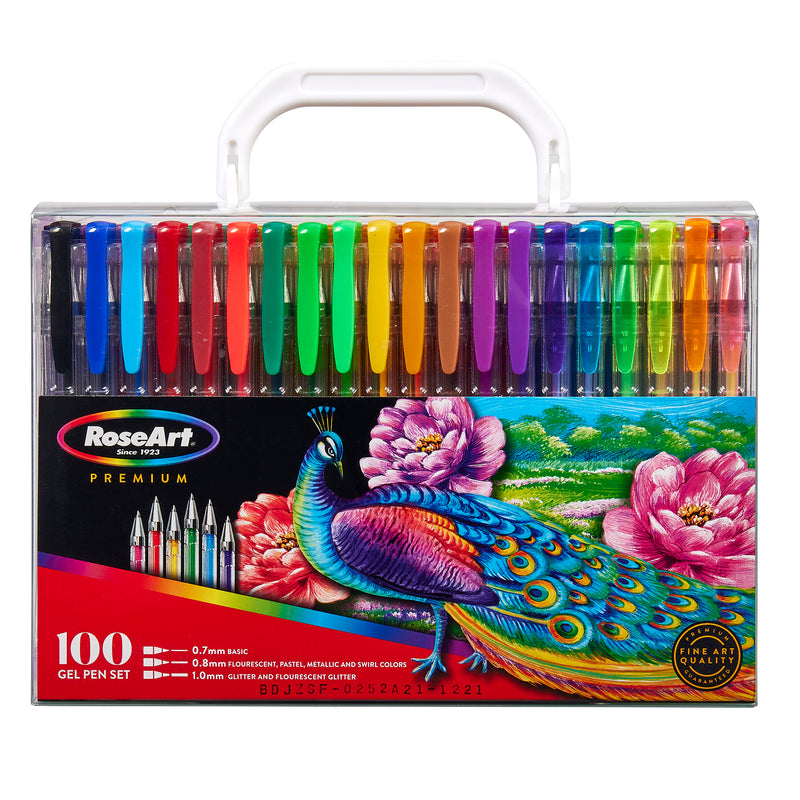 A package of RoseArt Premium Gel Pen Set 100 Count containing 100 pens in various colors and finishes, including basic, neon, metallic, and glitter. The box features a peacock and floral design on the front.