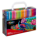 A RoseArt Premium Gel Pen Set 100 Count in various colors, featuring a handle and a peacock design on the front.