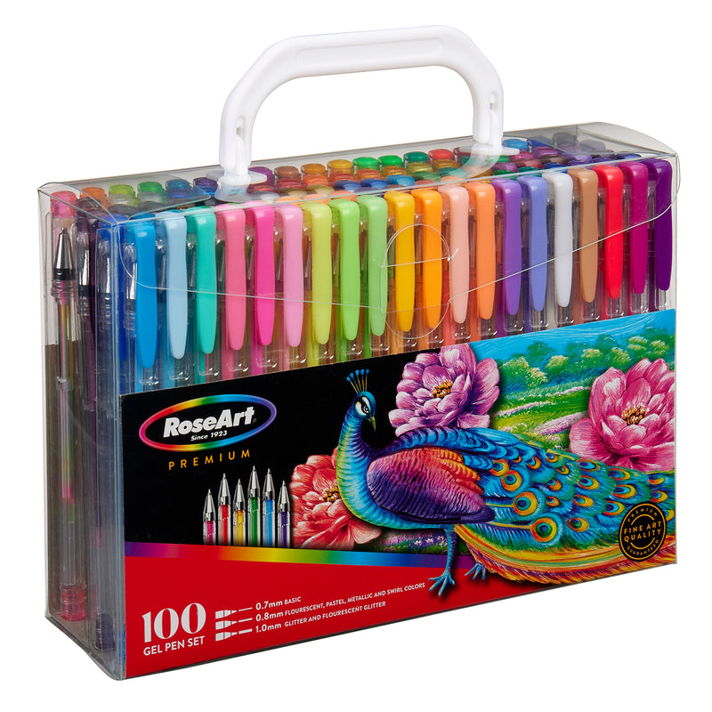 A RoseArt Premium Gel Pen Set 100 Count in various colors, featuring a handle and a peacock design on the front.