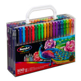 A clear plastic case contains the RoseArt Premium Gel Pen Set 100 Count, arranged in a gradient of colors. The packaging features a vibrant peacock illustration. The case has a white handle for easy carrying.