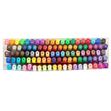 A multi-tiered display of variously colored RoseArt Premium Gel Pen Set 100 Count arranged in rows, showcasing a wide spectrum of hues from light to dark.