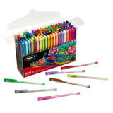 A box of RoseArt Premium Gel Pen Set 100 Count in various colors is open with some pens lying in front. The box features a vibrant peacock illustration.