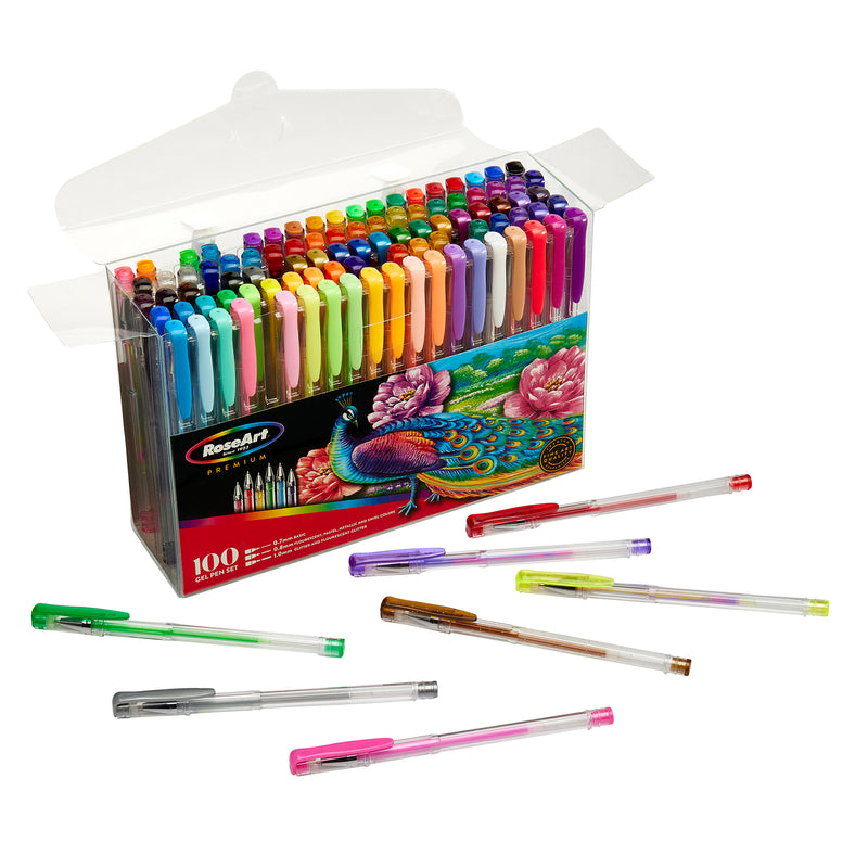 A box of RoseArt Premium Gel Pen Set 100 Count in various colors is open with some pens lying in front. The box features a vibrant peacock illustration.