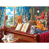 Five cats are sitting on a grand piano surrounded by sheet music and a few scattered rose petals, with a luxurious room and a garden fountain visible in the background, just like in the RoseArt - Fancy Cats - Piano Lessons - 750 Piece Jigsaw Puzzle.