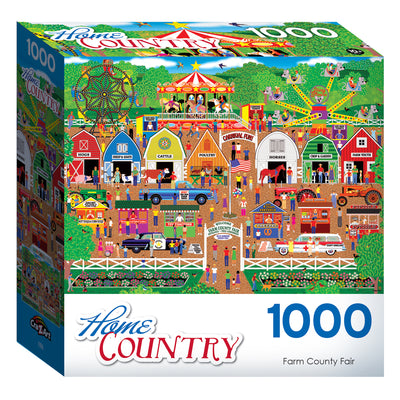 Colorful box of a 1000-piece jigsaw puzzle labeled "RoseArt - Home Country - Farm Country Fair - 1000 Piece Jigsaw Puzzle" depicting a bustling farm county fair. The fair includes animals, carnival rides, food stalls, and crowds of people.