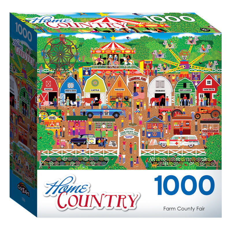 Colorful box of a 1000-piece jigsaw puzzle labeled "RoseArt - Home Country - Farm Country Fair - 1000 Piece Jigsaw Puzzle" depicting a bustling farm county fair. The fair includes animals, carnival rides, food stalls, and crowds of people.