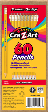 Package of Cra-Z-Art 60ct #2 HB pencils with super strength lead and smudge-free, latex-free erasers. Pre-sharpened.