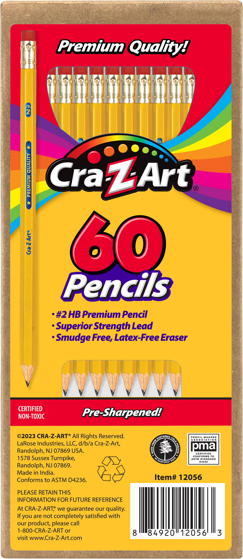 Package of Cra-Z-Art 60ct #2 HB pencils with super strength lead and smudge-free, latex-free erasers. Pre-sharpened.