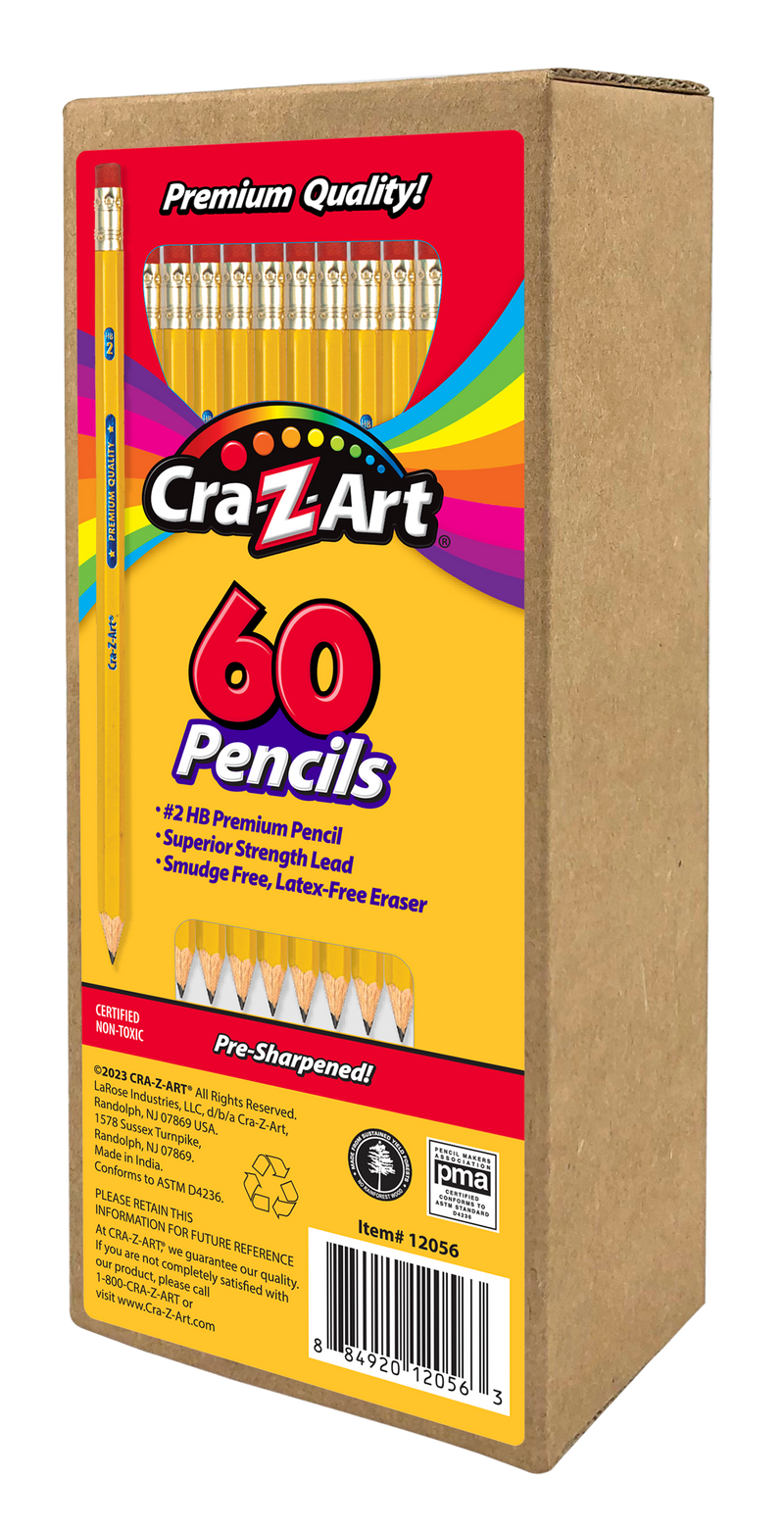 A box of Cra-Z-Art 60ct #2 HB pencils contains 60 pre-sharpened pencils with smudge-free, latex-free erasers.