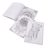 Open Timeless Creations Boho Dreams 48-page adult coloring book featuring intricate bohemian and celestial designs with moons, stars, guitars, and folk-inspired artwork.