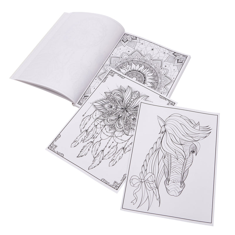 Open Timeless Creations Boho Dreams 48-page adult coloring book featuring intricate bohemian and celestial designs with moons, stars, guitars, and folk-inspired artwork.