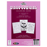 Back cover of the Timeless Creations Disco Cowgirl 48-page adult coloring book with pink cover featuring cowgirl boots holding a disco ball and retro western artwork.