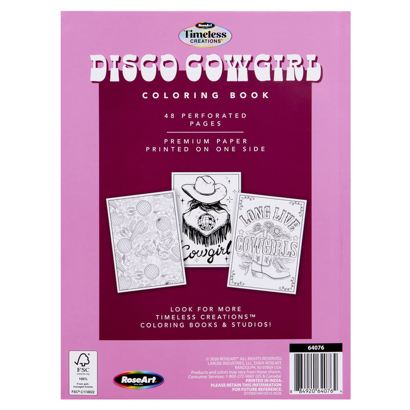 Back cover of the Timeless Creations Disco Cowgirl 48-page adult coloring book with pink cover featuring cowgirl boots holding a disco ball and retro western artwork.