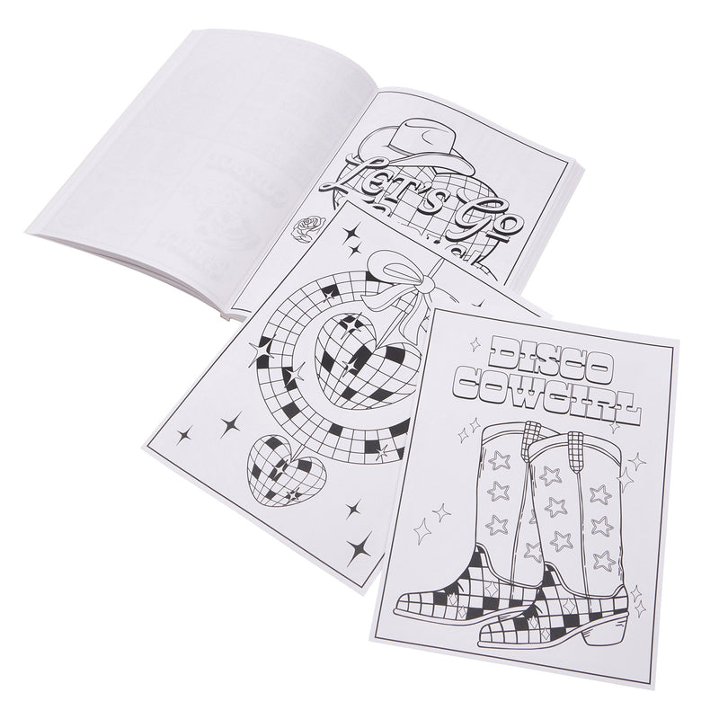 Open Timeless Creations Disco Cowgirl 48-page adult coloring book with pink cover showing 3 different coloring pages including Disco Cowgirl and other western artwork.