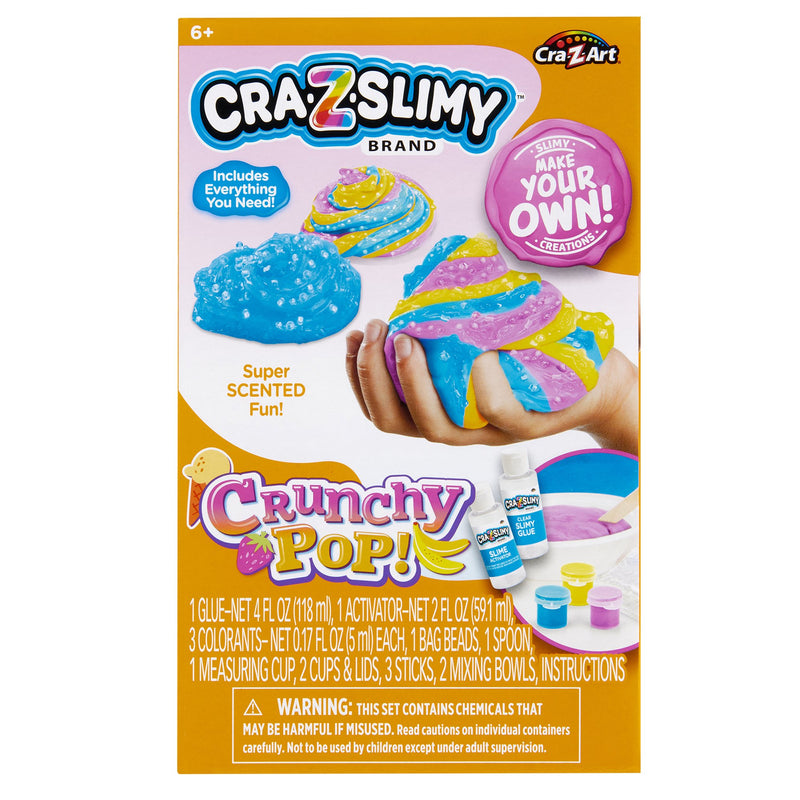 Back of package for Cra-Z-Slimy Crunchy Pop DIY scented slime kit with clear slime glue, activator, colorants, crunchy beads, mixing tools, cups, and bowls for kids ages 6+.